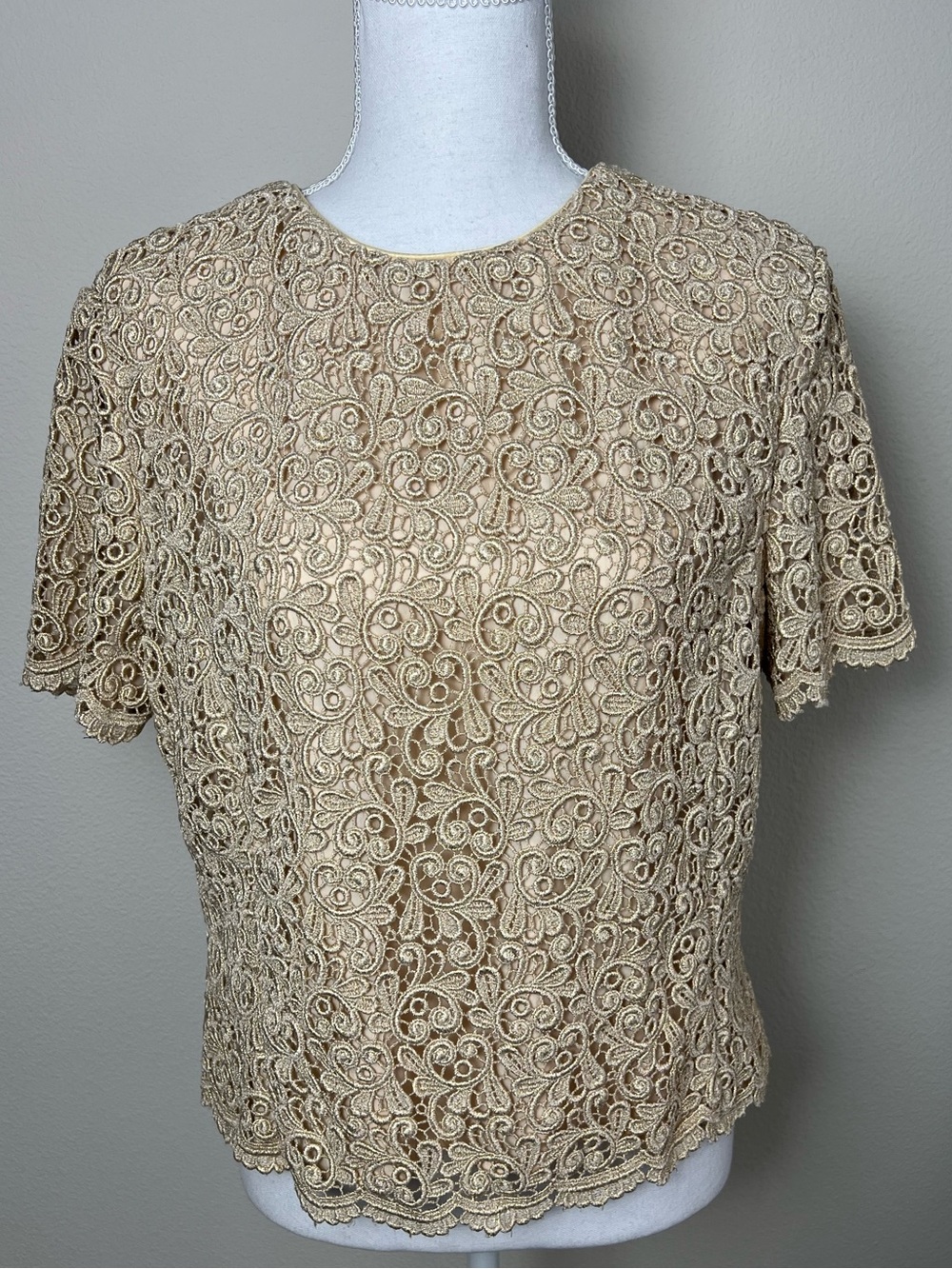 Talbots Lace Blouse Top Size 14 Beige Champagne Soutache Lace USA Made Formal
